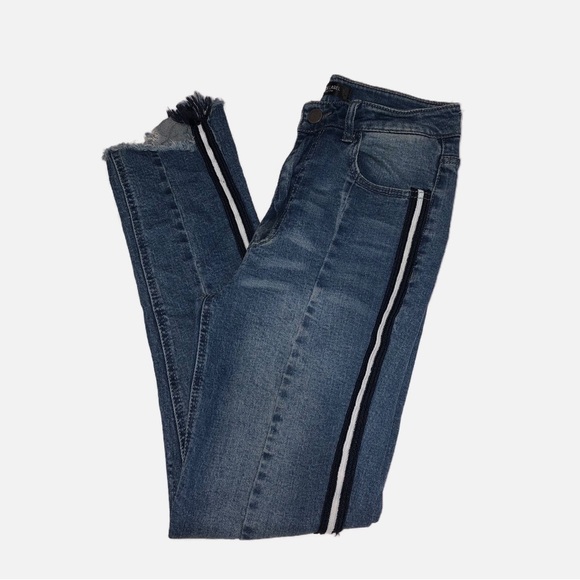Black Label Size 5 28 Small Jeans Skinny Blue Raw Edge Stretch Racer Stripes - Picture 2 of 7